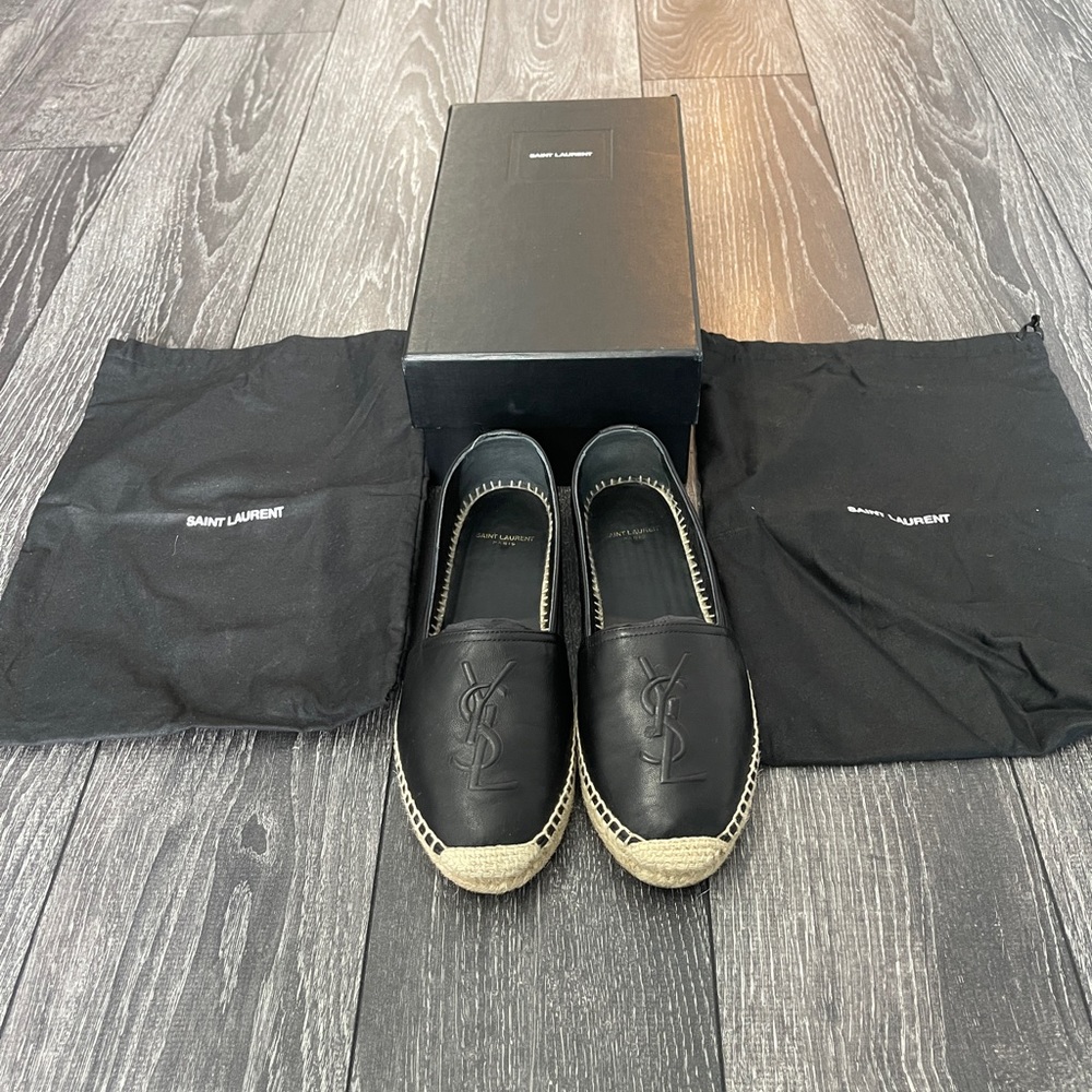 Ysl Logo Leather Espadrille Flats